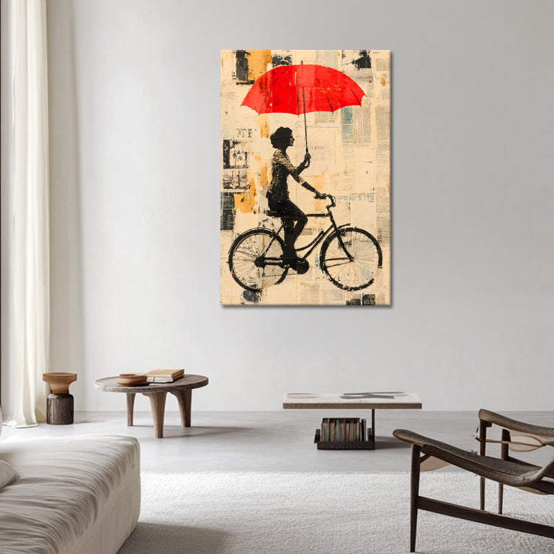 Mit dem Fahrrad mit Regenschirm
