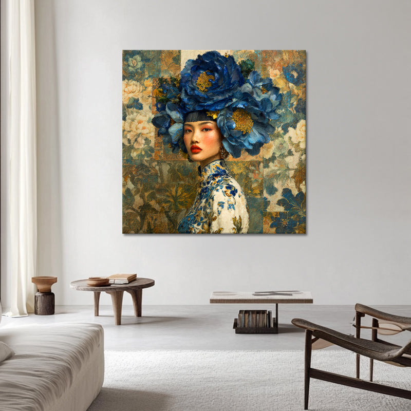 Frau mit blauen Blumen