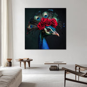 Pfau in Delfter Blau und Blumen