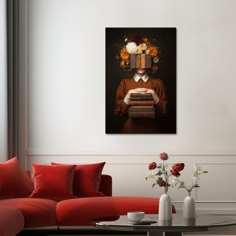 Frau mit Büchern und Blumen