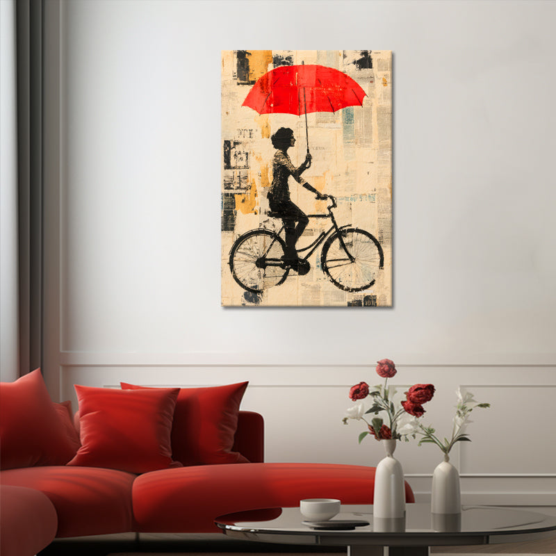 Mit dem Fahrrad mit Regenschirm
