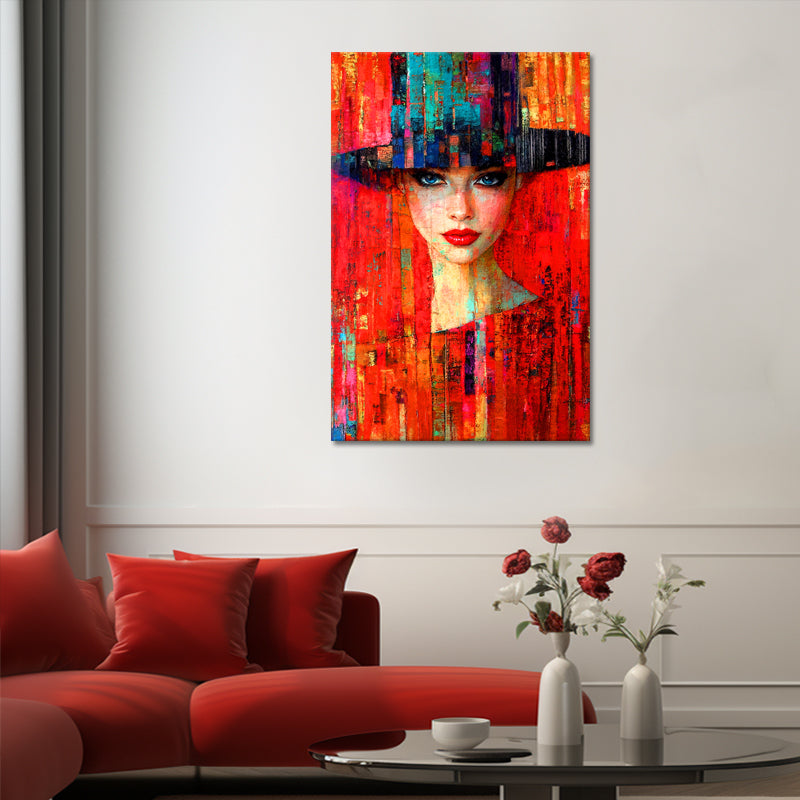 Frau mit Hut in Rot
