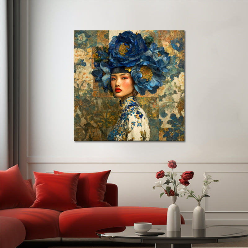 Frau mit blauen Blumen