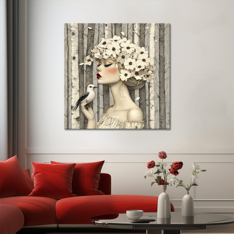 Frau mit Blumen und Vögeln II