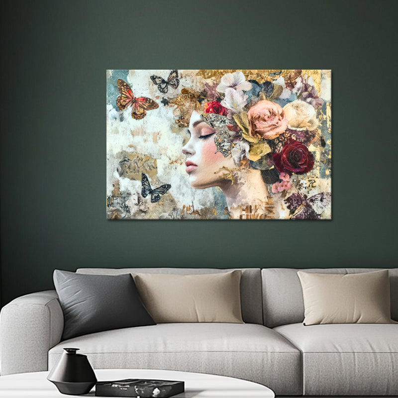 Frau, Schmetterlinge & Blumen