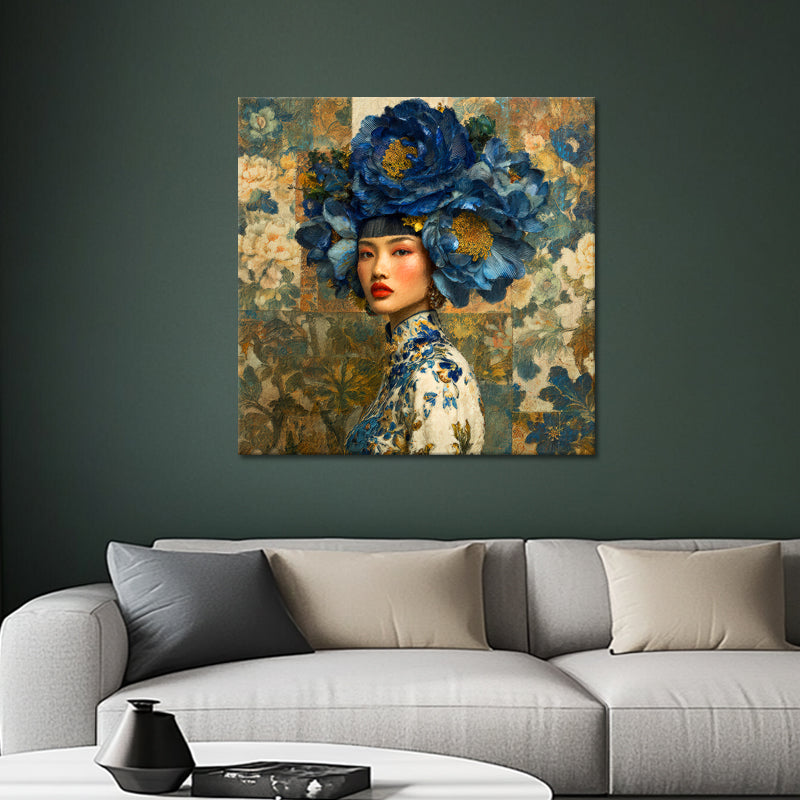 Frau mit blauen Blumen