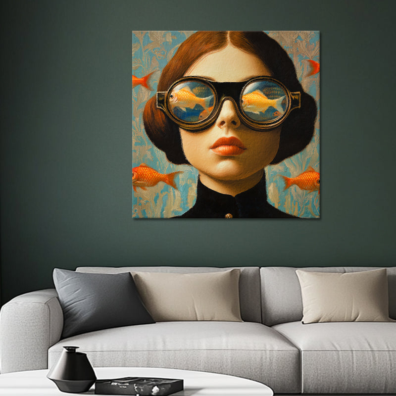 Frau mit Taucherbrille und Fischen