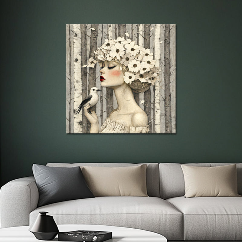 Frau mit Blumen und Vögeln II