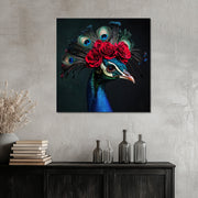 Pfau in Delfter Blau und Blumen