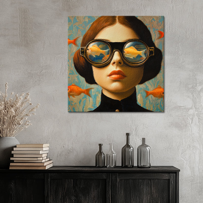Frau mit Taucherbrille und Fischen
