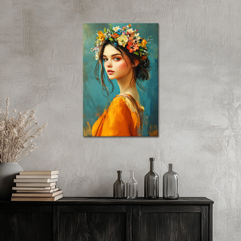 Gemälde einer schönen Frau mit Blumen