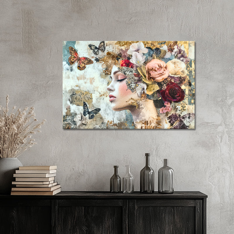 Frau, Schmetterlinge & Blumen