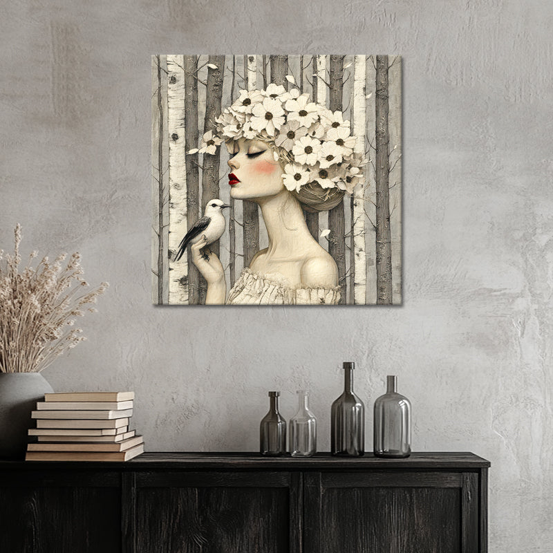 Frau mit Blumen und Vögeln II
