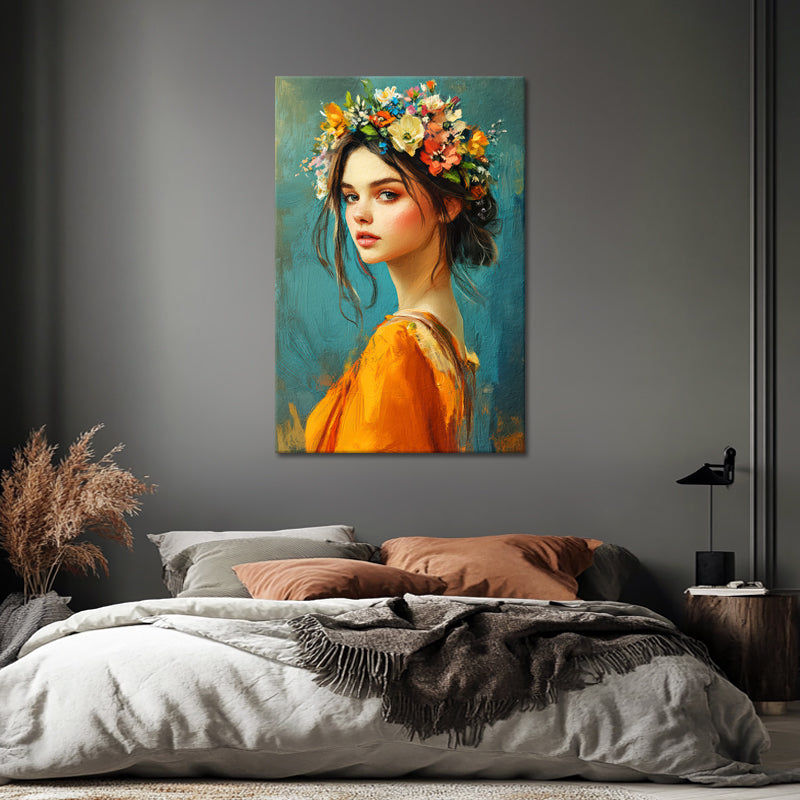 Gemälde einer schönen Frau mit Blumen