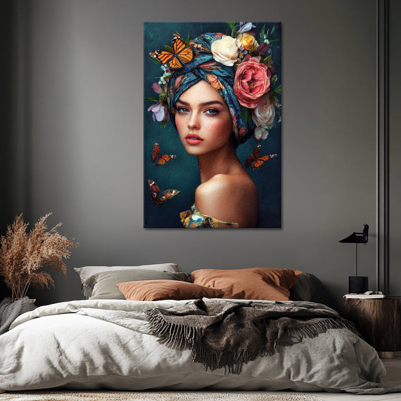 Schöne Frau mit Blumen und Schmetterlingen II