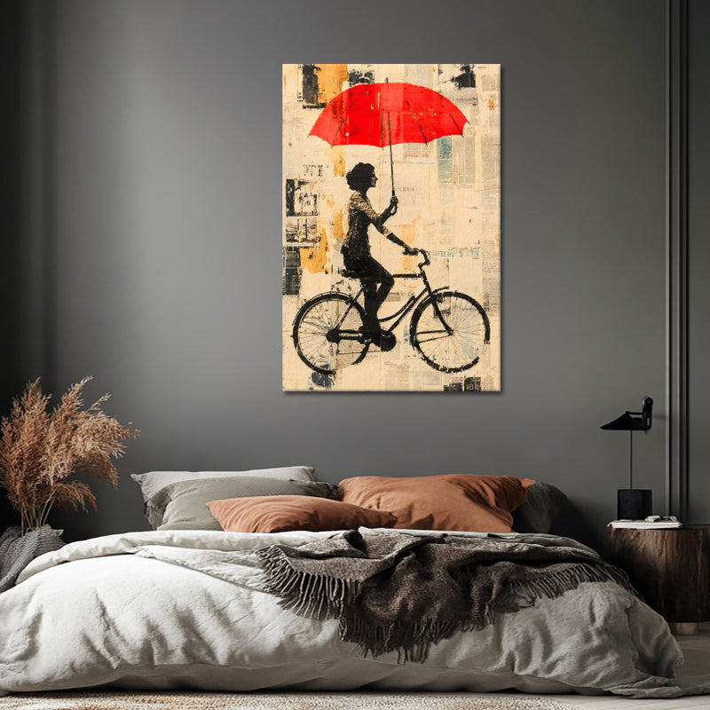 Mit dem Fahrrad mit Regenschirm
