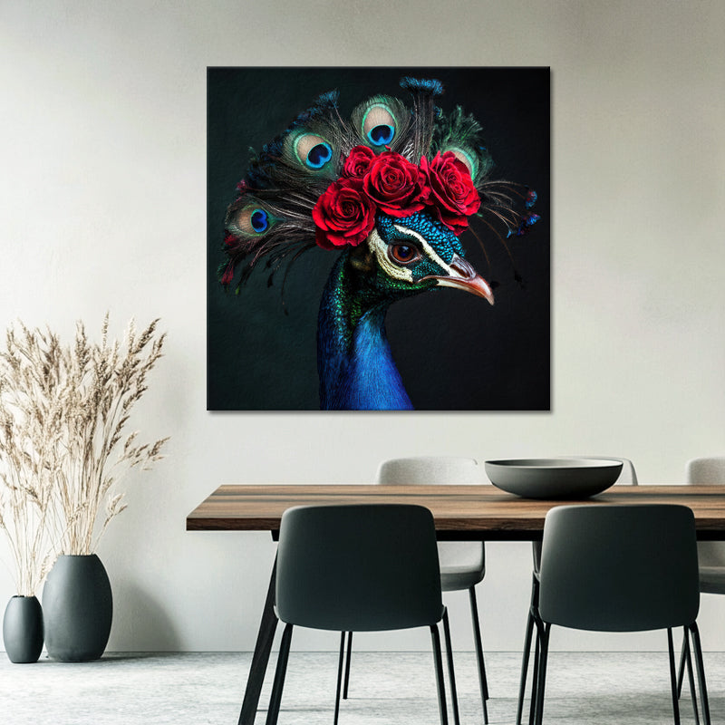 Pfau in Delfter Blau und Blumen