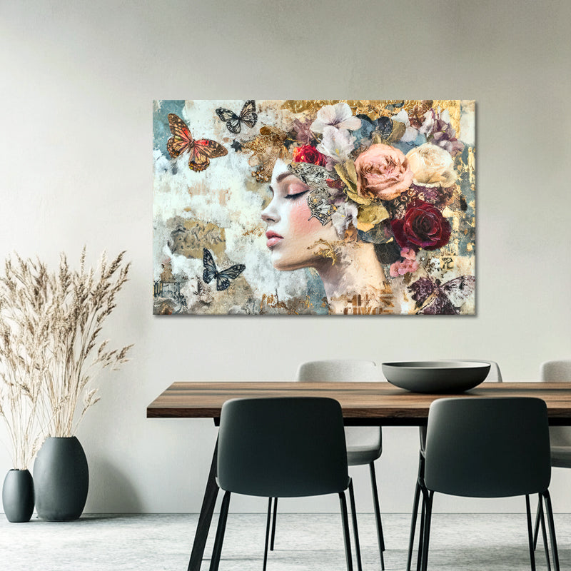 Frau, Schmetterlinge & Blumen