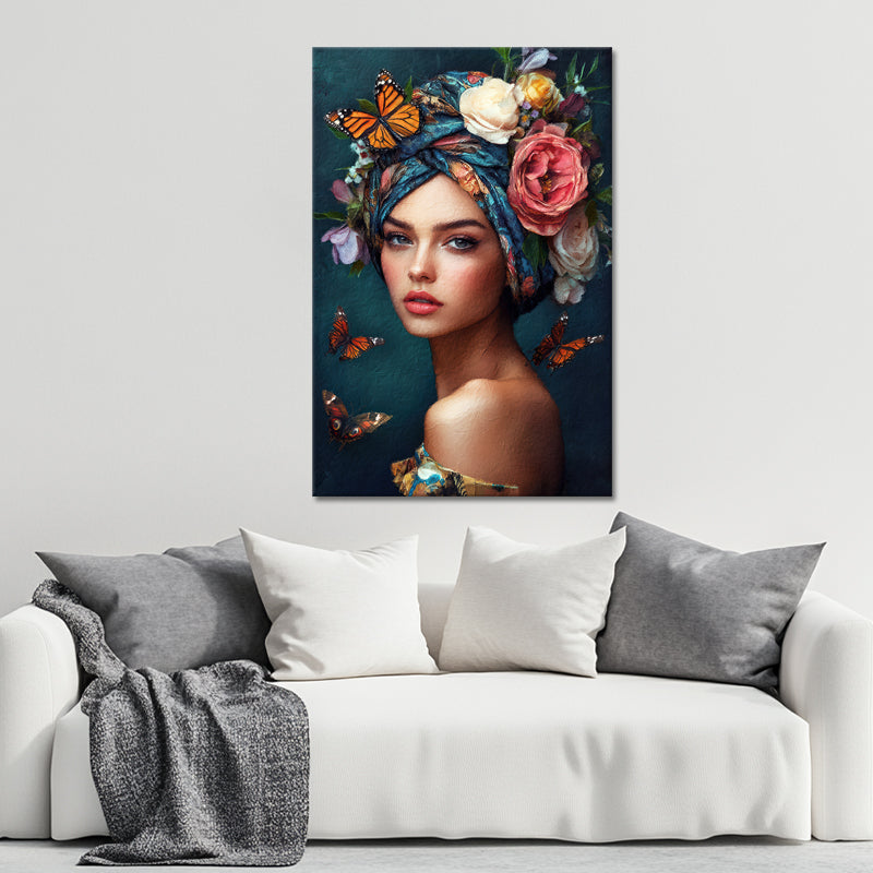Schöne Frau mit Blumen und Schmetterlingen II