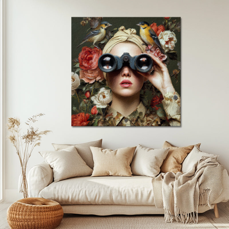 Frau mit Fernglas