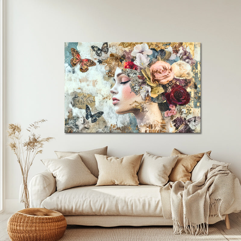 Frau, Schmetterlinge & Blumen
