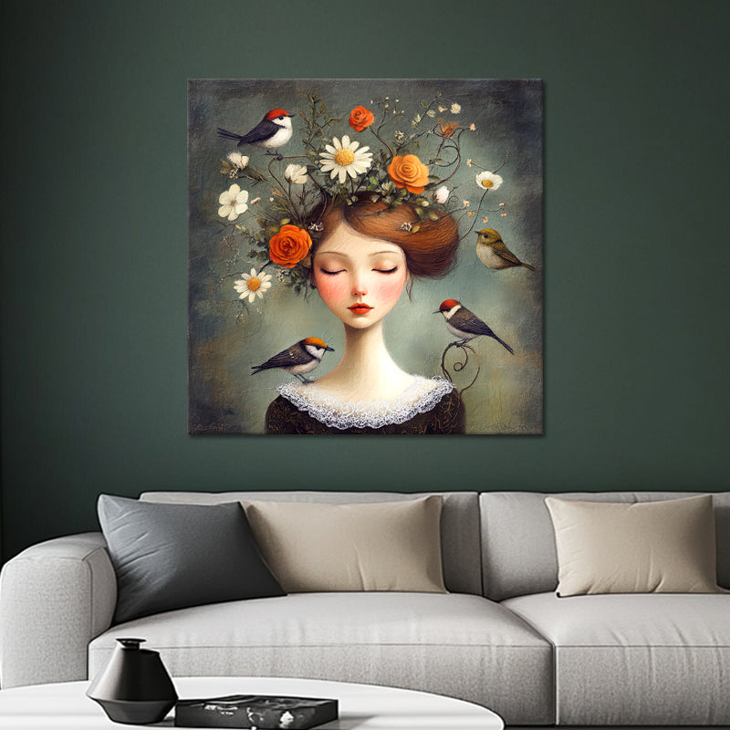 Frau mit Blumen und Vögeln